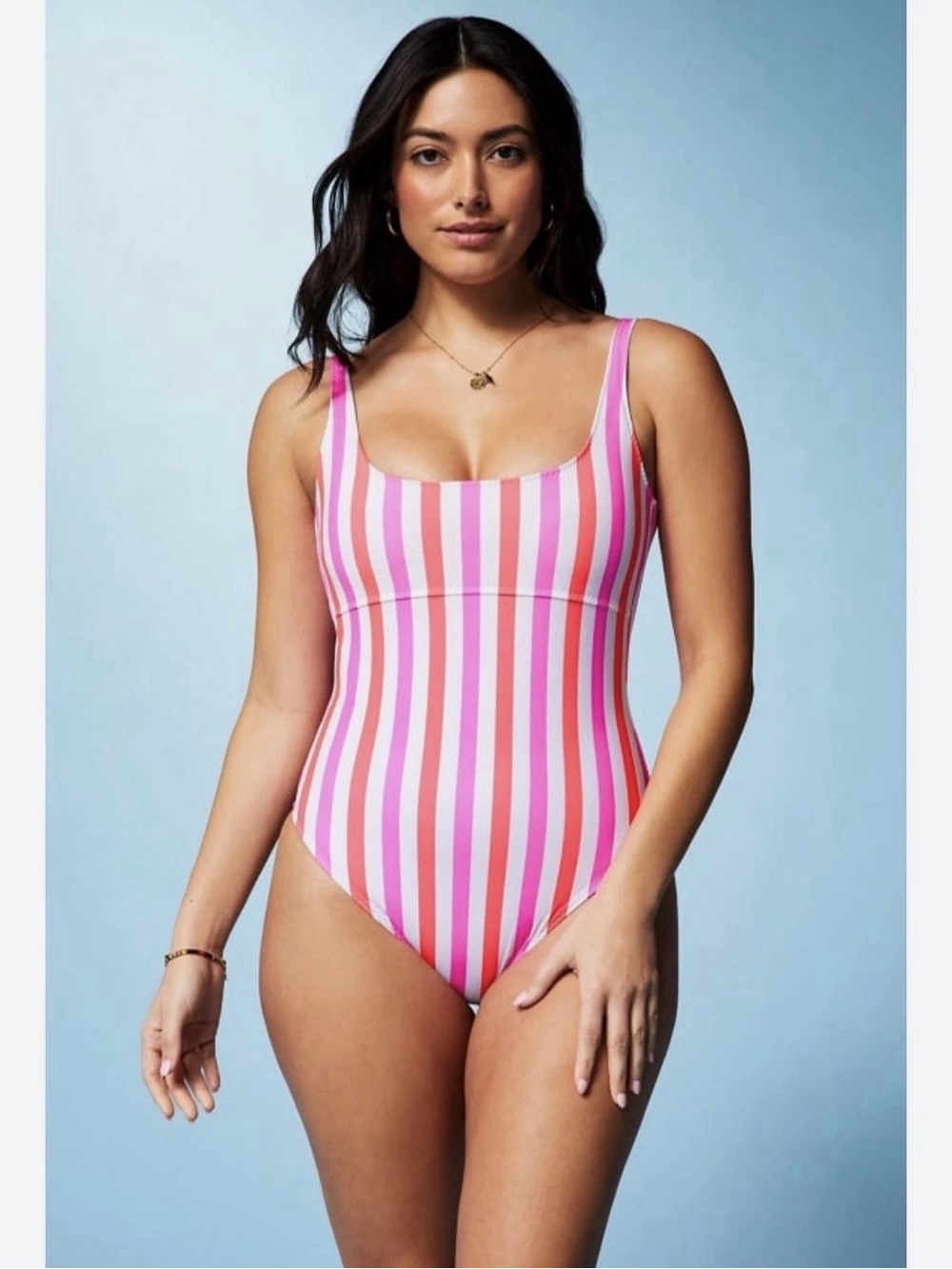 Fabletics Sunset Scoop One Piece Swimsuit Neon Candy Stripe Size XL